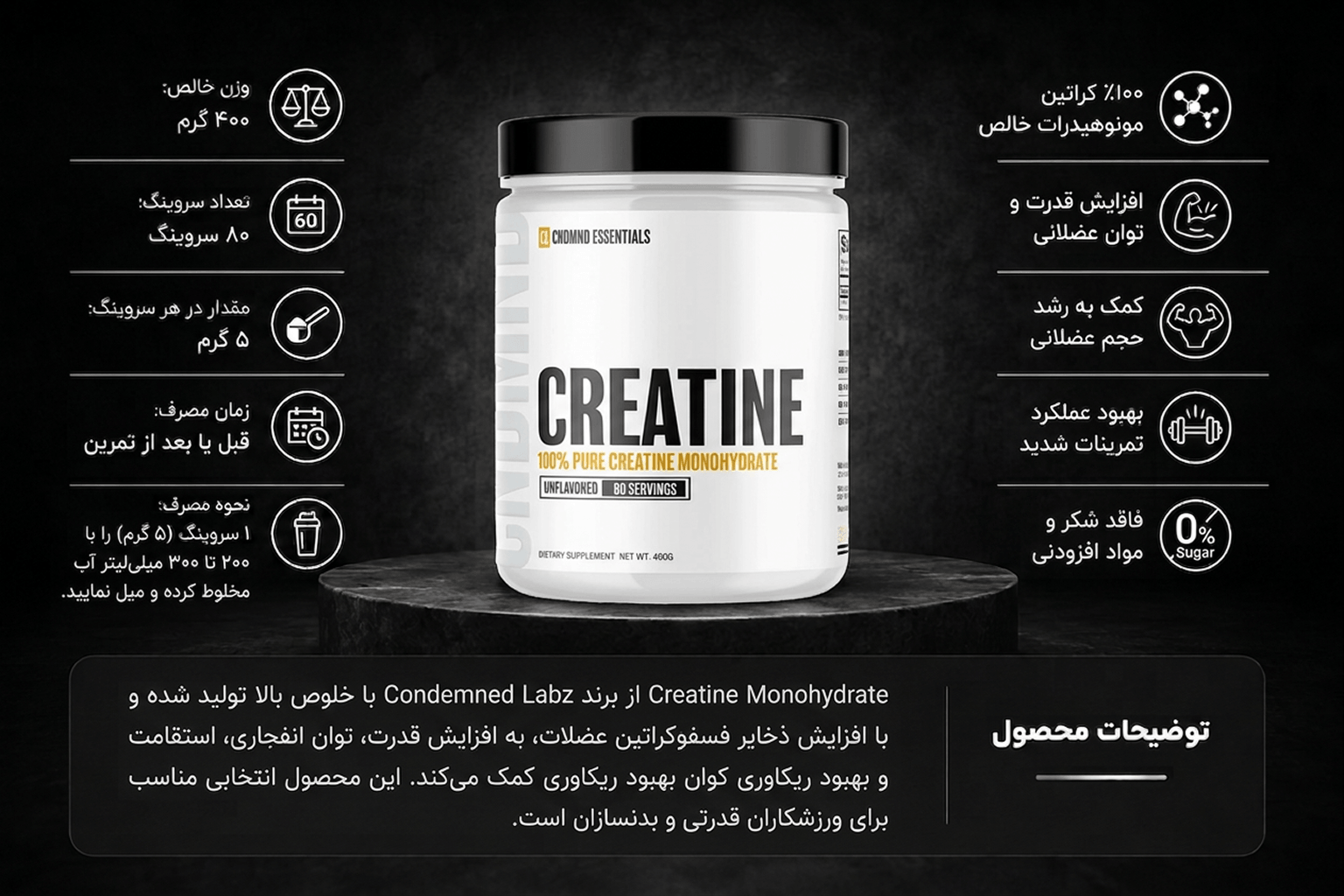 کراتین مونوهیدرات کندمد لبز ۴۰۰ گرم